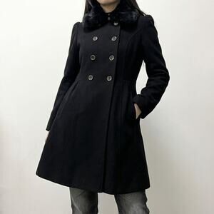 Vintage Funnel Neck Wool Peacoat Detachable Fur Office Siren